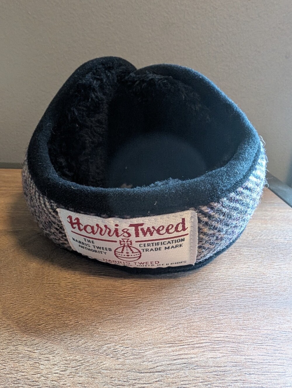 Harris Tweed Ear Muffs Black & Brown Tweed Behind Neck style